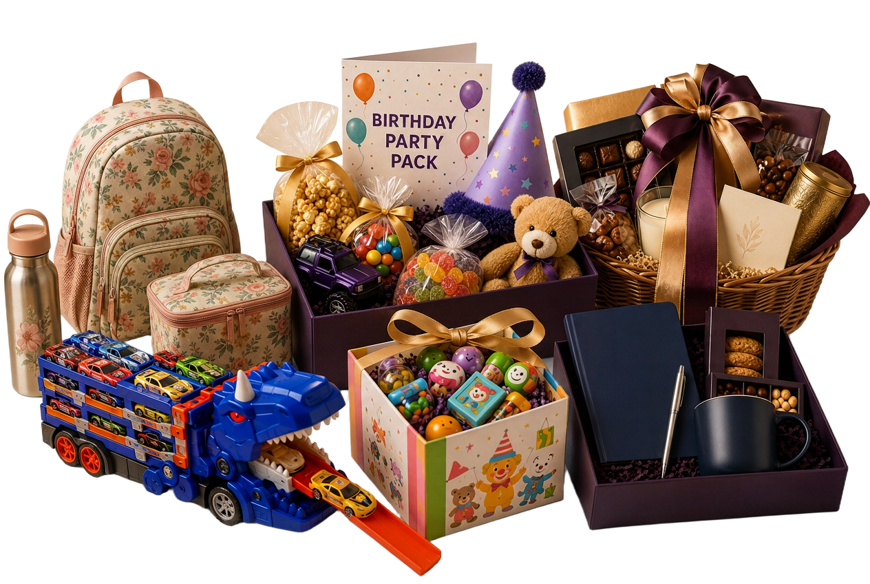 Birthday party pack box, floral backpack, lunch bag, toy trucks and a gift hamper basket
